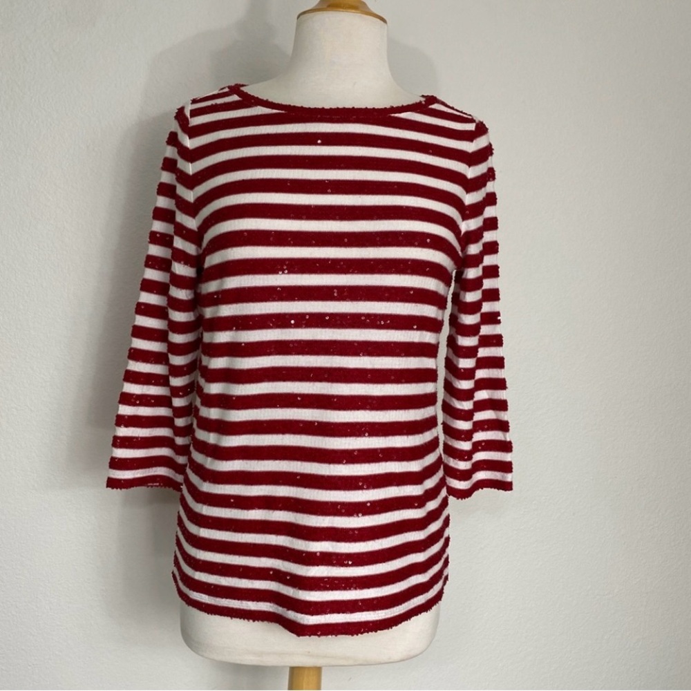 Talbots Red White Stripes Sequins Crew Neck Knit Sweater Size Medium Classic